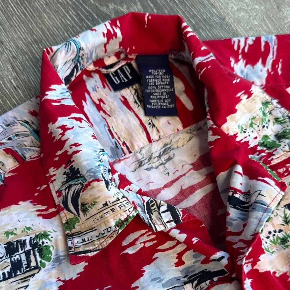GAP Red and White Kids Hawaiian Button Down Shirt XXL 14-16 0420